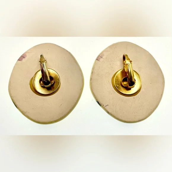 Vintage Porcelain Painted Oval Clip On Earrings Abstract Design - Picture 3 of 7